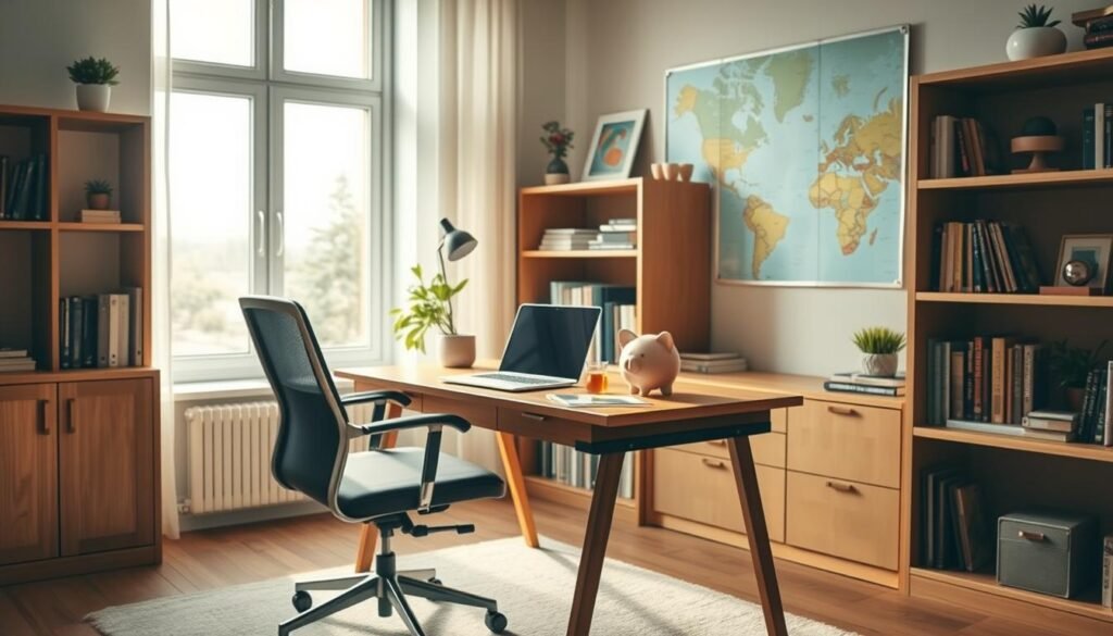 A cozy home office setup with a desk, chair, and bookshelves, all in warm, inviting tones. On the desk, a laptop, a travel brochure, and a piggy bank, suggesting the planning process for an affordable vacation. The room is bathed in soft, natural lighting from a large window, creating a serene and productive atmosphere. The walls are adorned with inspirational travel photos and maps, hinting at the excitement of the upcoming trip. The overall scene conveys the importance of early, well-thought-out travel planning to save money and maximize the experience.