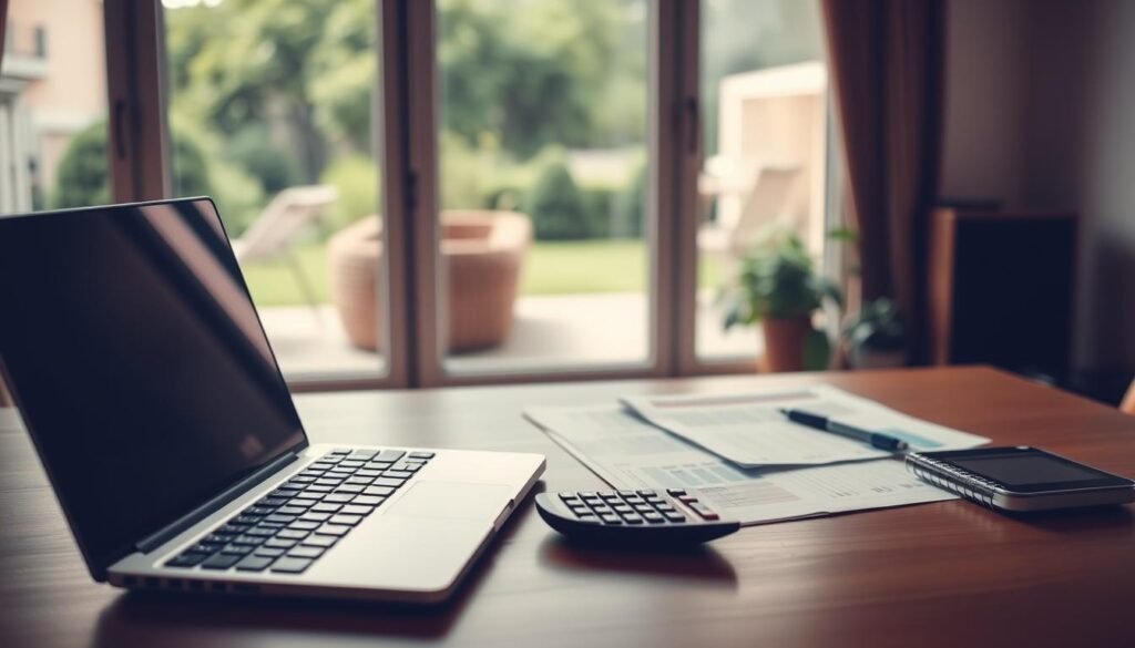 A minimalist home office setup with a laptop, calculator, and financial documents neatly arranged on a wooden desk. The lighting is warm and diffused, creating a cozy and focused atmosphere. In the background, a large window with a view of a tranquil garden, hinting at the vacation plans being considered. The overall mood is one of careful planning and anticipation for the upcoming trip.